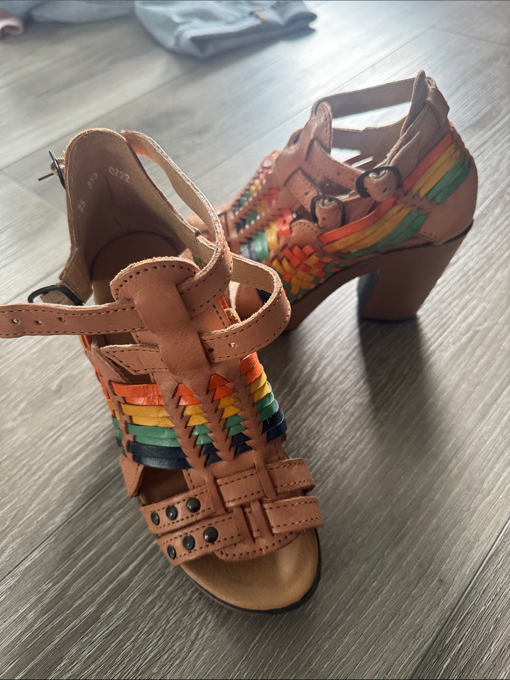 Women’s Tan Leather Woven Rainbow Strap Heels